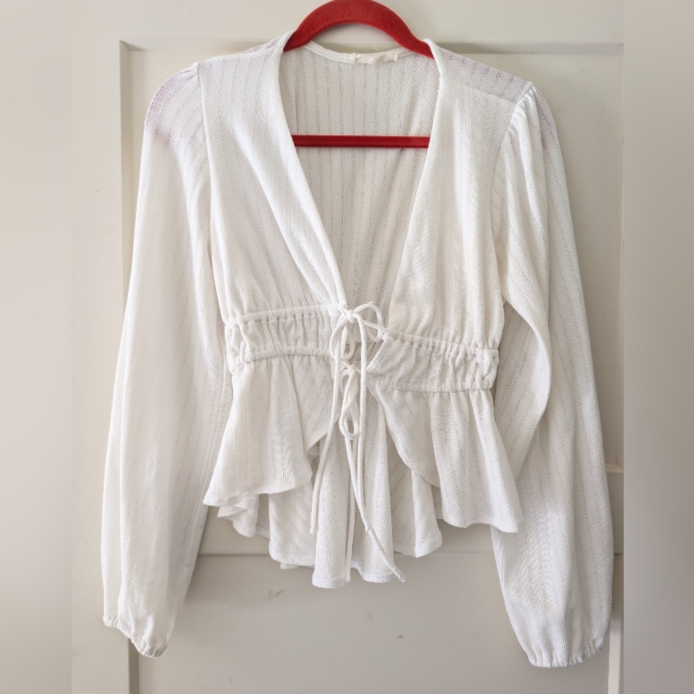Women's White Drawstring Peplum Blouse